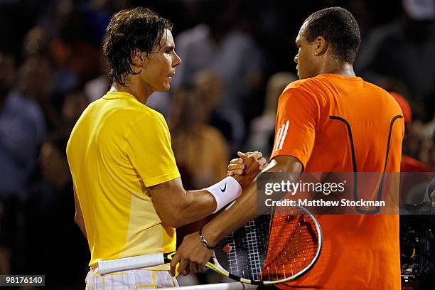 Rafael Nadal of Spain greets Jo-Wilfried Tsonga of France after defeating him during day nine of the 2010 Sony Ericsson Open at Crandon Park Tennis...