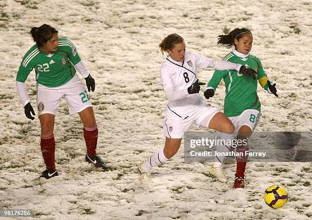 Amy Rodriguez of the United Staes battles against Lupita Worbis of Mexico during the international friendly match between the United States and...