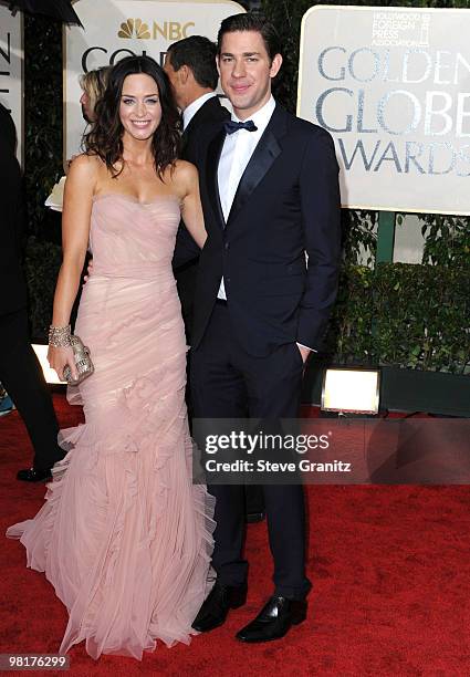 Actors Emily Blunt and John Krasinski attends the 67th Annual Golden Globes Awards at The Beverly Hilton Hotel on January 17, 2010 in Beverly Hills,...