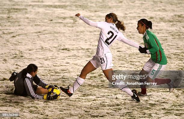 Alex Morgan of the United States battles against goalkeeper Erika Vanegas ad Maria Castillo of Mexico during the international friendly match between...