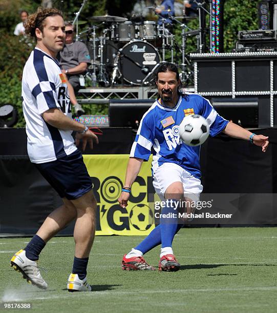 Former soccer Marcelo Balboa and singer David Bisbal face off at MTV Tr3s's "Rock N' Gol" World Cup Kick-Off at the Home Depot Center on March 31,...