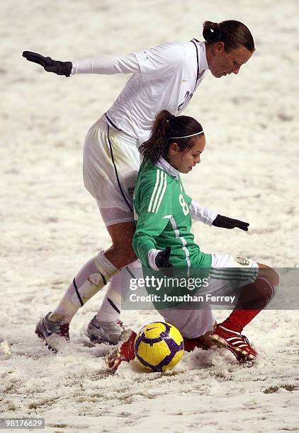 Abby Wambach of the United States battles against Lupita Worbis of Mexico during the international friendly match between the United States and...