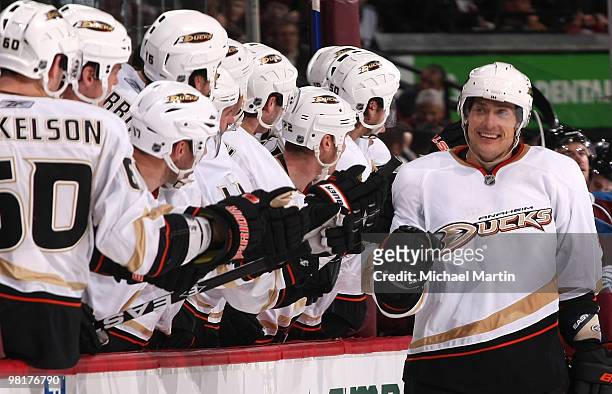 Teemu Selanne of the Anaheim Ducks celebrates his 601st goal during their game against the Colorado Avalanche at the Pepsi Center on March 31, 2010...