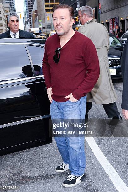 Actor Ricky Gervais visits the ''Late Show With David Letterman'' at the Ed Sullivan Theater on March 31, 2010 in New York City.