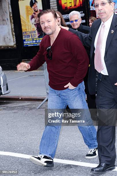 Actor Ricky Gervais visits the ''Late Show With David Letterman'' at the Ed Sullivan Theater on March 31, 2010 in New York City.