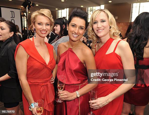 Erin Cebula, Robin Gill and Jane Francisco pose backstage at the Heart Truth fashion show at the Allstream Centre on March 31, 2010 in Toronto,...