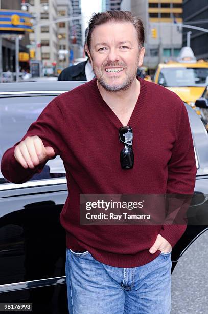 Actor Ricky Gervais visits the ''Late Show With David Letterman'' at the Ed Sullivan Theater on March 31, 2010 in New York City.