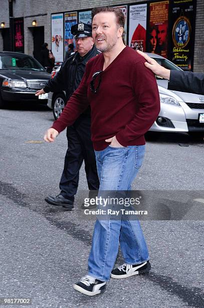 Actor Ricky Gervais visits the ''Late Show With David Letterman'' at the Ed Sullivan Theater on March 31, 2010 in New York City.