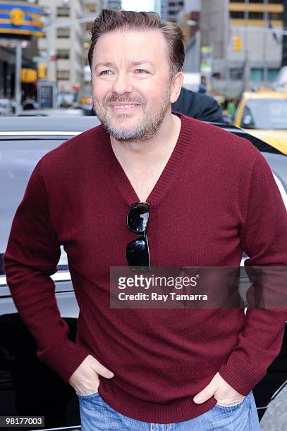 Actor Ricky Gervais visits the ''Late Show With David Letterman'' at the Ed Sullivan Theater on March 31, 2010 in New York City.