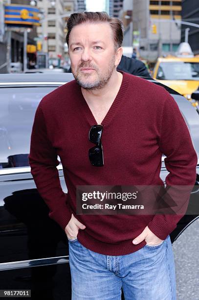 Actor Ricky Gervais visits the ''Late Show With David Letterman'' at the Ed Sullivan Theater on March 31, 2010 in New York City.