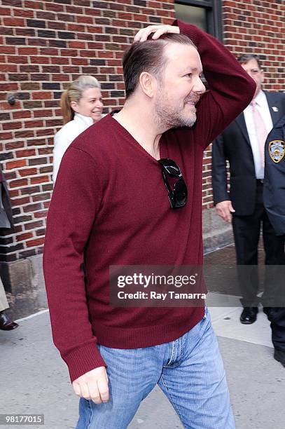 Actor Ricky Gervais visits the ''Late Show With David Letterman'' at the Ed Sullivan Theater on March 31, 2010 in New York City.