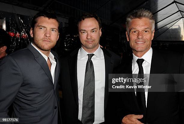 Actor Sam Worthington, executive producer Thomas Tull and actor Harry Hamlin arrive to the premiere of Warner Bros. "Clash Of The Titans" held at...