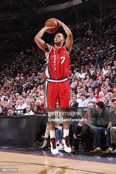 Brandon Roy of the Portland Trail Blazers shoots a three-pointer during a game against the New York Knicks on March 31, 2010 at the Rose Garden Arena...