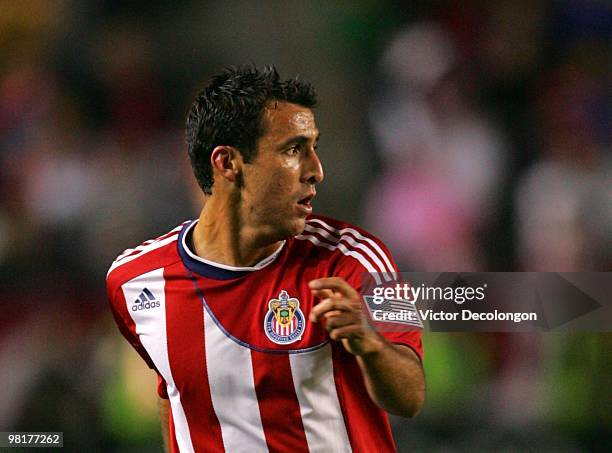 Jonathan Bornstein of Chivas USA looks to his goalkeeper during their MLS match against the Colorado Rapids at the Home Depot Center on March 26,...