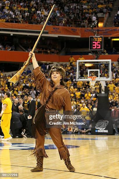Rebecca Durst, mascot for of the West Virginia Mountaineers performs against the Kentucky Wildcats during the east regional final of the 2010 NCAA...