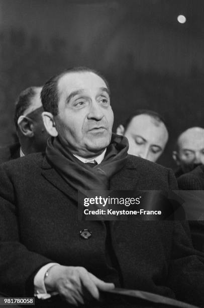 Portrait de Pierre Mendès France lors de son débat avec Georges Pompidou, dans le cadre de la campagne des élections législatives françaises de 1967,...