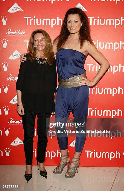 Olga Iarussi and Alena Seredova attend the launch of the new Triumph advertising campaign held at Visionnaire Design Gallery on March 31, 2010 in...