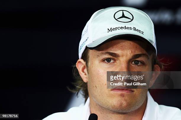 Nico Rosberg of Germany and Mercedes GP talks at the drivers press conference during previews to the Malaysian Formula One Grand Prix at the Sepang...
