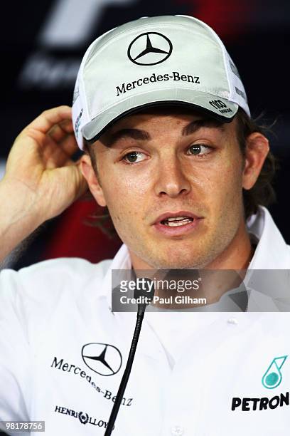 Nico Rosberg of Germany and Mercedes GP talks at the drivers press conference during previews to the Malaysian Formula One Grand Prix at the Sepang...