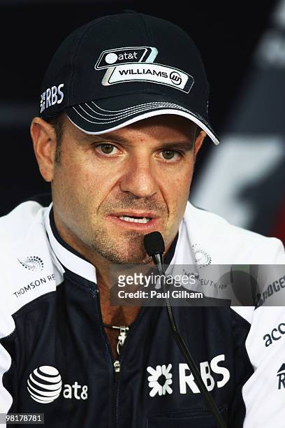 Rubens Barrichello of Brazil and Williams talks at the drivers press conference during previews to the Malaysian Formula One Grand Prix at the Sepang...