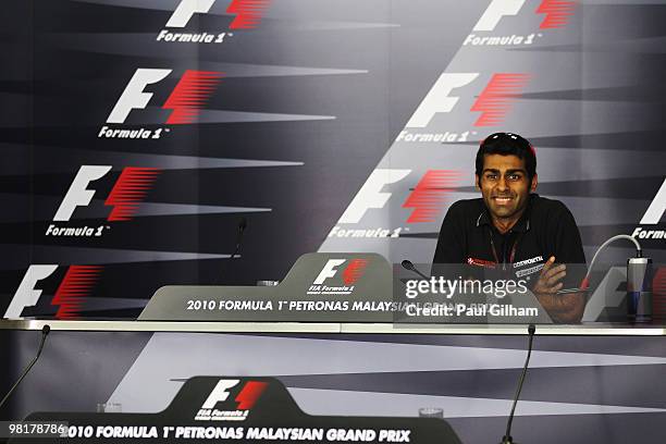 Karun Chandhok of India and Hispania Racing Team talks at the drivers press conference during previews to the Malaysian Formula One Grand Prix at the...