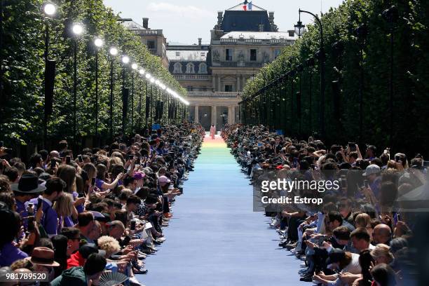 Model walks the runway during the Louis Vuitton Menswear Spring/Summer 2019 show as part of Paris Fashion Week on June 21, 2018 in Paris, France.