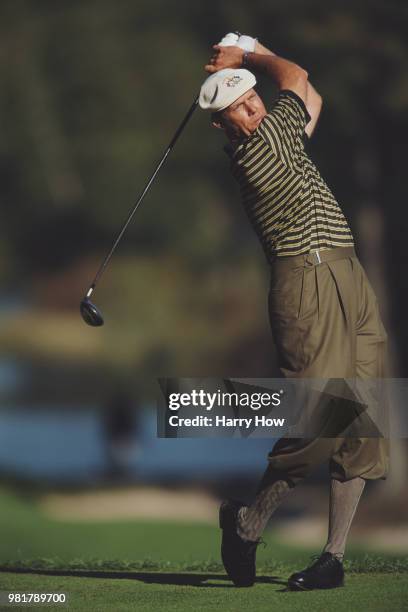 Payne Stewart of the United States complete with plus fours keeps his eye on his shot during the morning foursomes of the 33rd Ryder Cup Matches...