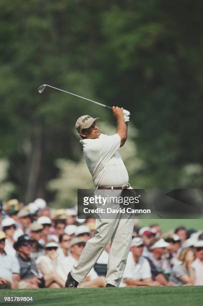 Angel Cabrera of Argentina keeps his eye on the ball as he hits from the fairway on 7 April 2001 during the US Masters Golf Tournament at the Augusta...