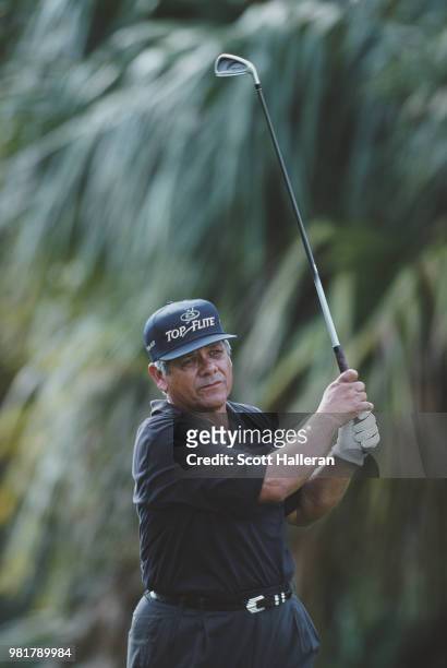 Lee Trevino of the United States follows his iron shot during the Senior PGA Championship on 16 April 2000 at the PGA National Golf Club, Palm Beach...