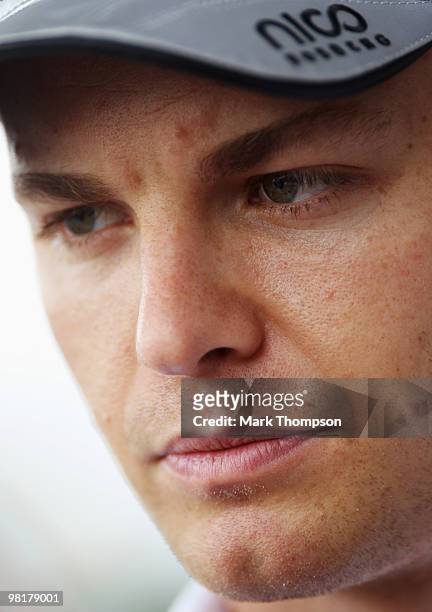 Nico Rosberg of Germany and Mercedes GP is interviewed in the paddock during previews to the Malaysian Formula One Grand Prix at the Sepang Circuit...