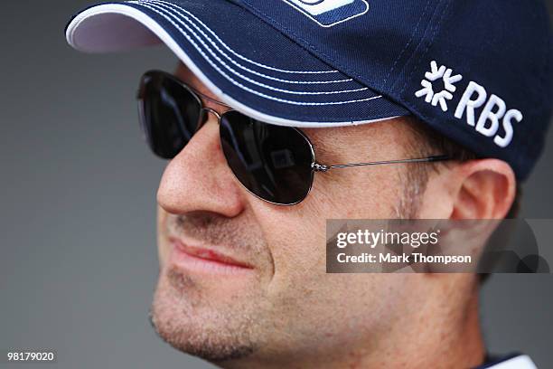 Rubens Barrichello of Brazil and Williams walks in the paddock during previews to the Malaysian Formula One Grand Prix at the Sepang Circuit on April...