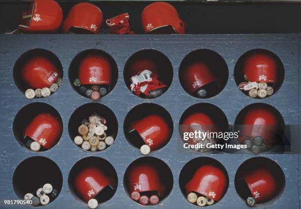 General view of the bat and helmet storage rack for the St. Louis Cardinals during their Major League Baseball National League West game against the...