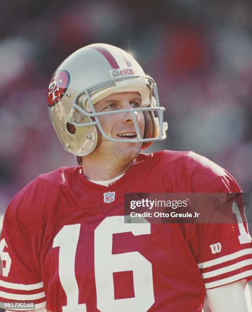 Joe Montana, Quarterback of the San Francisco 49ers during their National Football Conference West game on 19 December 1992 at Candlestick Park, San...