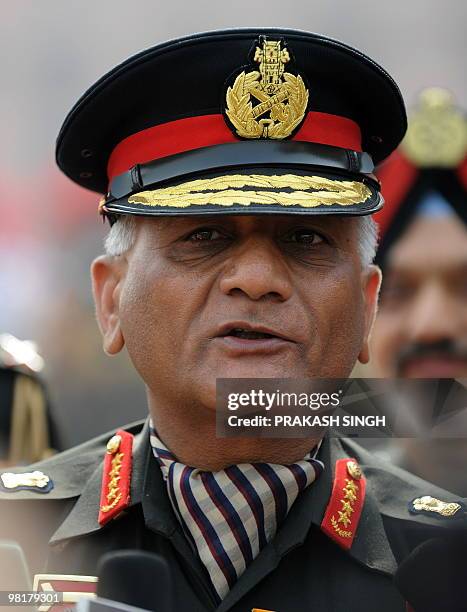 New Indian Army Chief General Vijay Kumar Singh addresses media outside the Defence Ministry in New Delhi on April 1, 2010. Singh becomes the Indian...