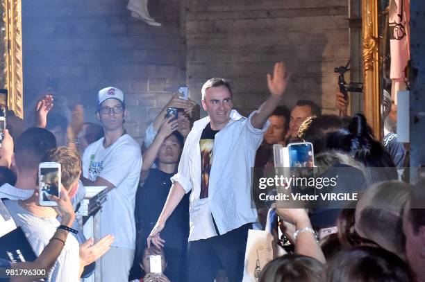 Fashion designer Raf Simons walks the runway during the Raf Simons Menswear Spring/Summer 2019 fashion show as part of Paris Fashion Week on June 20,...