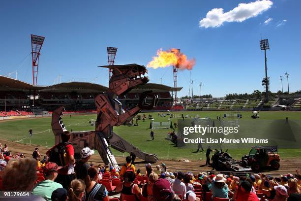 Robosaurus a five storey, 27 tonne robot performs in the main arena at the Royal Easter Show at the Sydney Showground on April 1, 2010 in Sydney,...