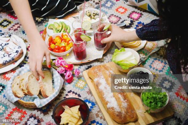 two women having picnic on rug - picnic rug stockfoto's en -beelden