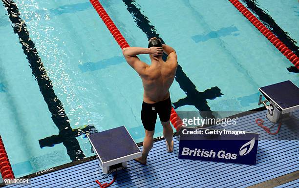 Liam Tancock prepares for his heat in the Mens Open 100m Backstroke during the British Gas Swimming Championships at Ponds Forge on April 1, 2010 in...
