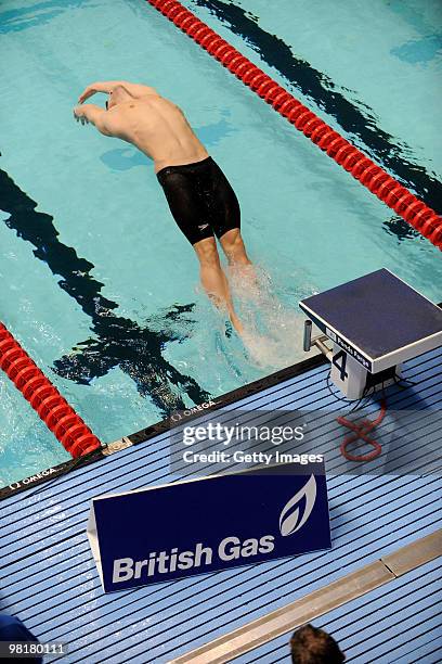 Liam Tancock starts his heat in the Mens Open 100m Backstroke during the British Gas Swimming Championships at Ponds Forge on April 1, 2010 in...