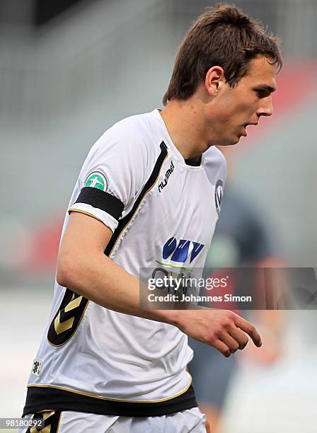 Marco Holz of Burghausen looks on during the third division match between Wacker Burghausen and 1. FC Heidenheim at the Wacker-Arena on March 27,...