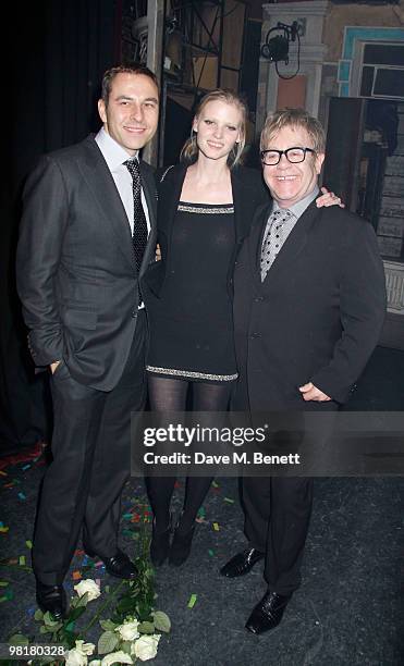 David Walliams and model Lara Stone with Sir Elton John attend the fifth birthday anniversary of 'Billy Elliot The Musical', at the Victoria Palace...