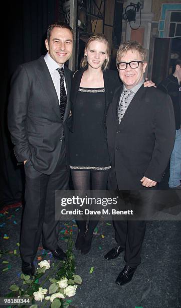 David Walliams and model Lara Stone with Sir Elton John attend the fifth birthday anniversary of 'Billy Elliot The Musical', at the Victoria Palace...