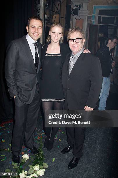 David Walliams and model Lara Stone with Sir Elton John attend the fifth birthday anniversary of 'Billy Elliot The Musical', at the Victoria Palace...