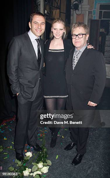 David Walliams and model Lara Stone with Sir Elton John attend the fifth birthday anniversary of 'Billy Elliot The Musical', at the Victoria Palace...