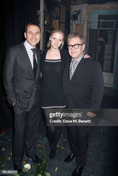 David Walliams and model Lara Stone with Sir Elton John attend the fifth birthday anniversary of 'Billy Elliot The Musical', at the Victoria Palace...