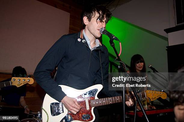 Kip Berman and Peggy Wang of The Pains of Being Pure At Heart perform at Mohawk during day three of SXSW Music Festival on March 19, 2010 in Austin,...