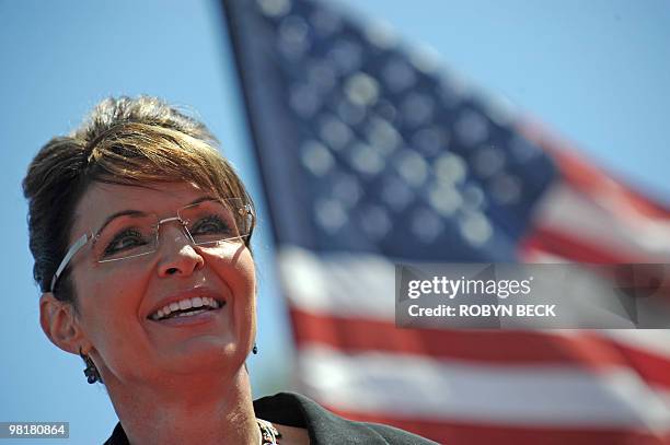 Former US vice-presidential candidate Sarah Palin speaks at a Tea Party rally in Searchlight, Nevada on March 27, 2010. Thousands of Tea Party...