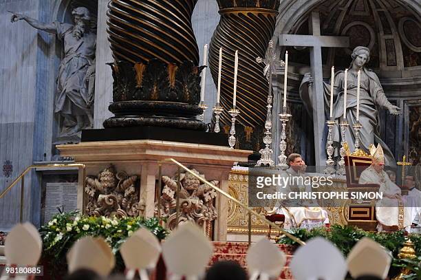Pope Benedict XVI celebrates the Holy Thursday Chrism mass as part of the Holy week on April 01, 2010 at St peter's Basilica at the Vatican. Pope...