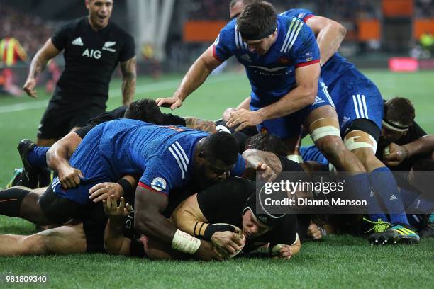 Matt Todd of the All Blacks scores a try during the International Test match between the New Zealand All Blacks and France at Forsyth Barr Stadium on...