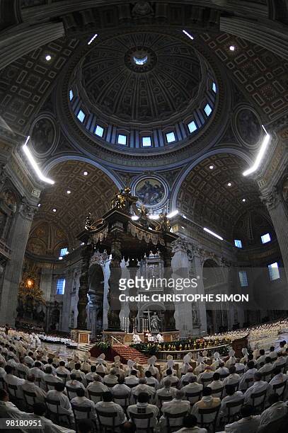Pope Benedict XVI celebrates the Holy Thursday Chrism mass as part of the Holy week on April 01, 2010 at St Peter's Basilica at the Vatican. Pope...